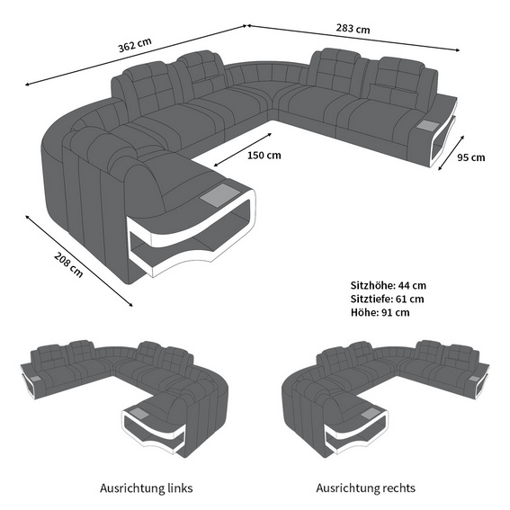 Maße für U Form Sofa Verona Mini mit Stoffbezug