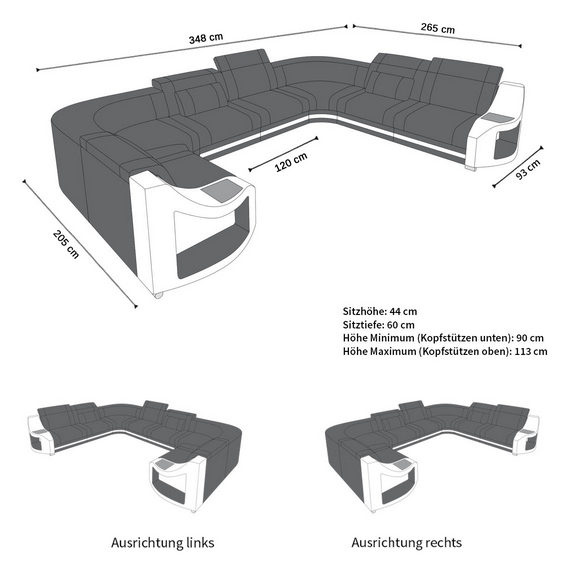 Maße für Mini U Form Ledersofa Genua