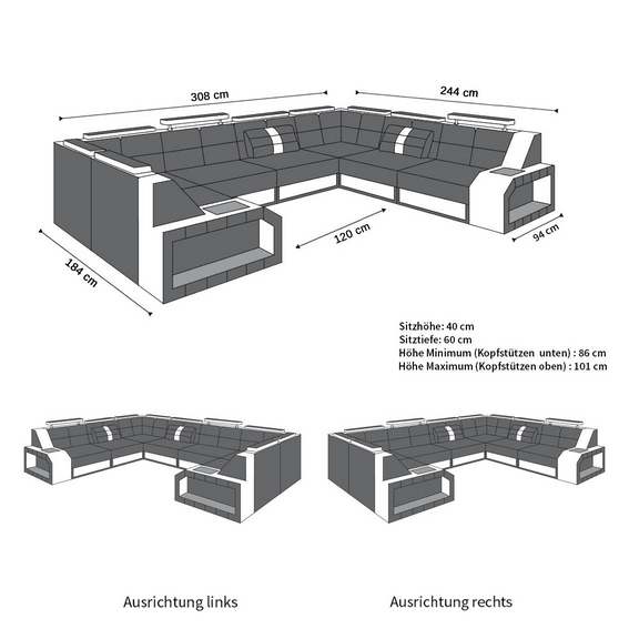 Maße für Mini U Form Ledersofa Genua