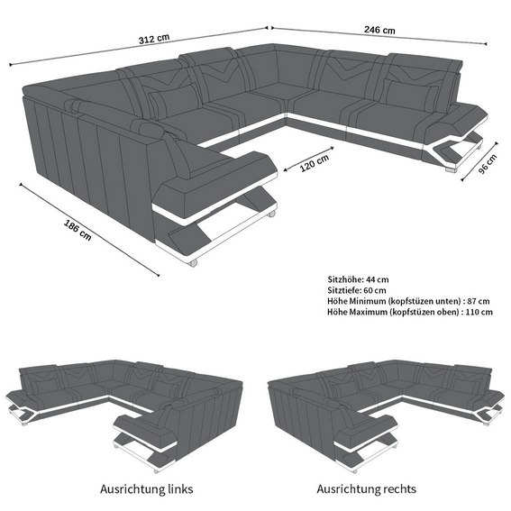 Maße für U Form Sofa Sorrento Mini mit Stoffbezug