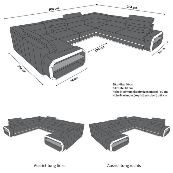 Maße für U Form Sofa Verona Mini mit Stoffbezug