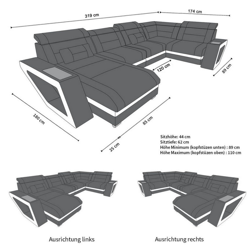 Maße für Mini U Form Sofa Catania Stoffsofa