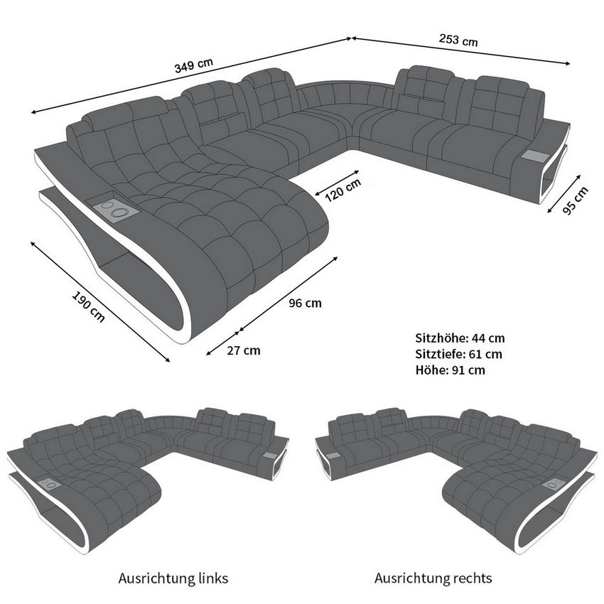 Maße für Mini U Form Sofa Elegante XXL Stoffsofa