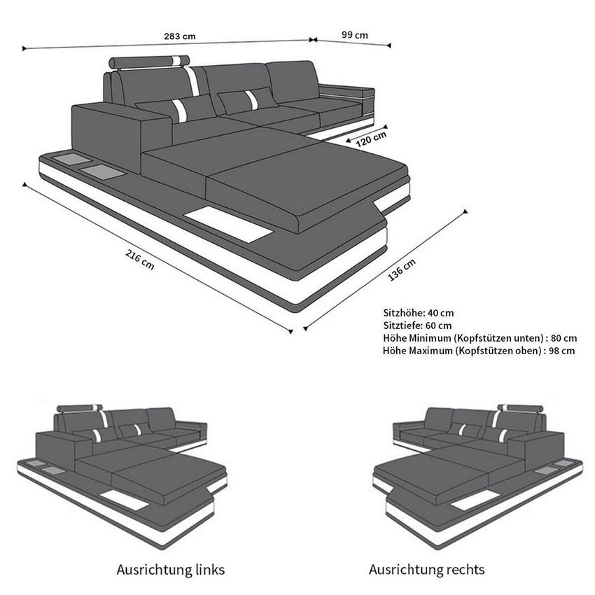 Maße für Mini L Form Sofa Messana Stoffsofa