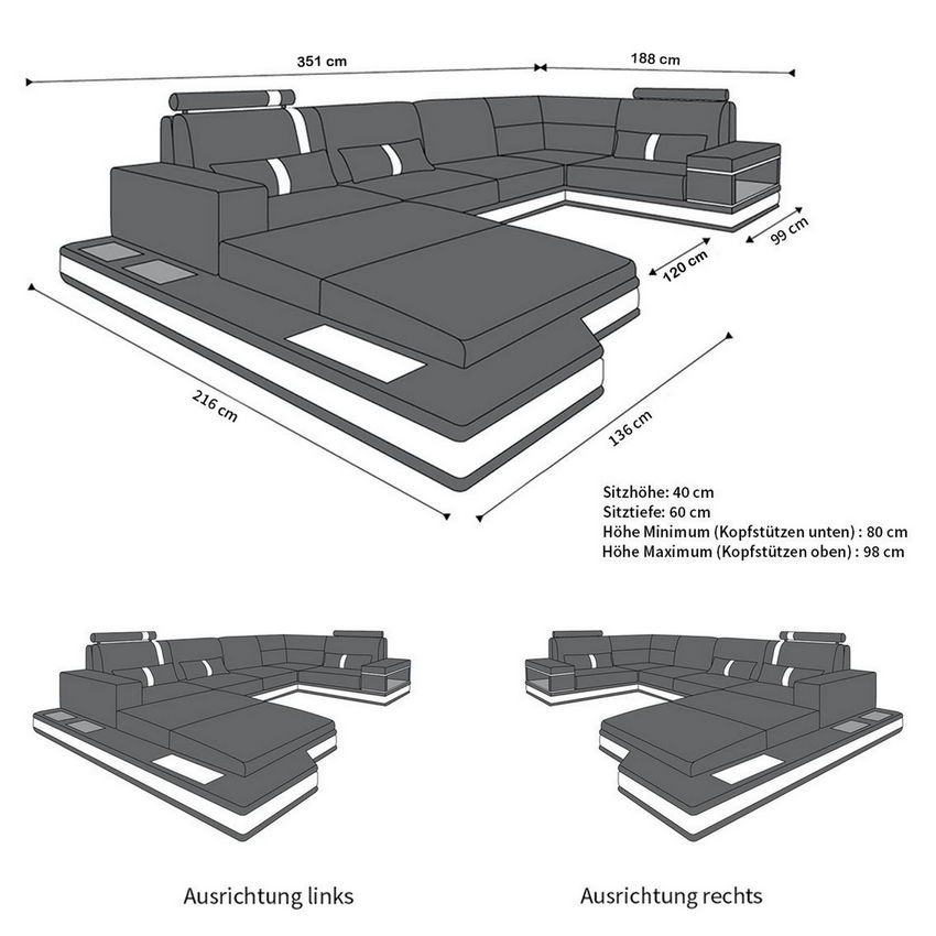 Maße für Mini U Form Sofa Messana Stoffsofa