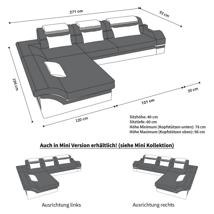 Maße für Mini Ledersofa Berlin U Form