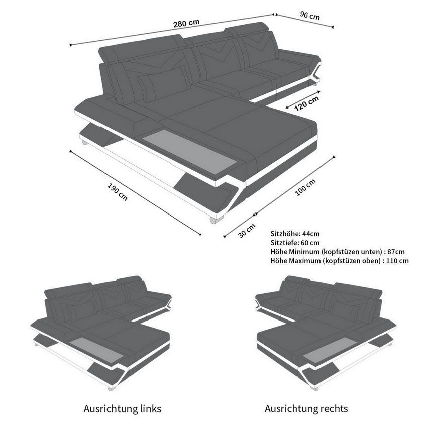 Maße für Mini L Form Sofa Napoli Stoffsofa