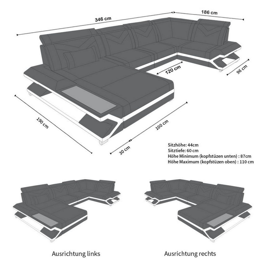 Maße für Mini Ledersofa Napoli U Form