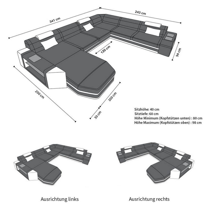 Maße für Mini U Form Sofa Prato Stoffsofa