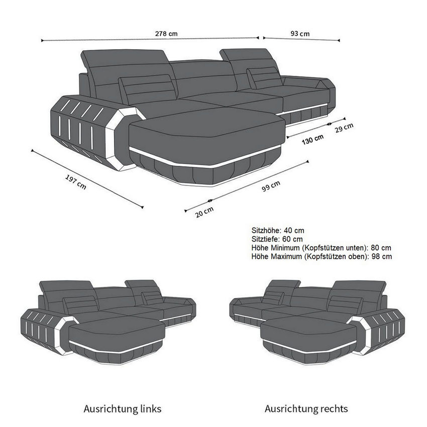 Maße für Mini L Form Sofa Roma Stoffsofa