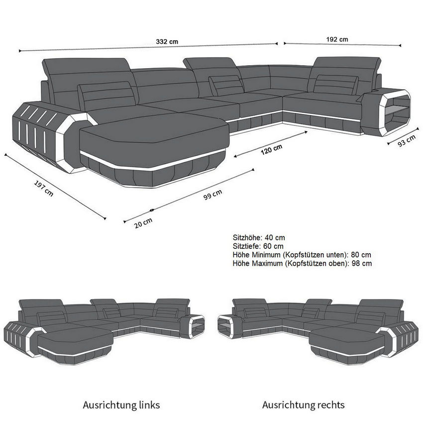 Maße für U Form Ledersofa Roma Mini