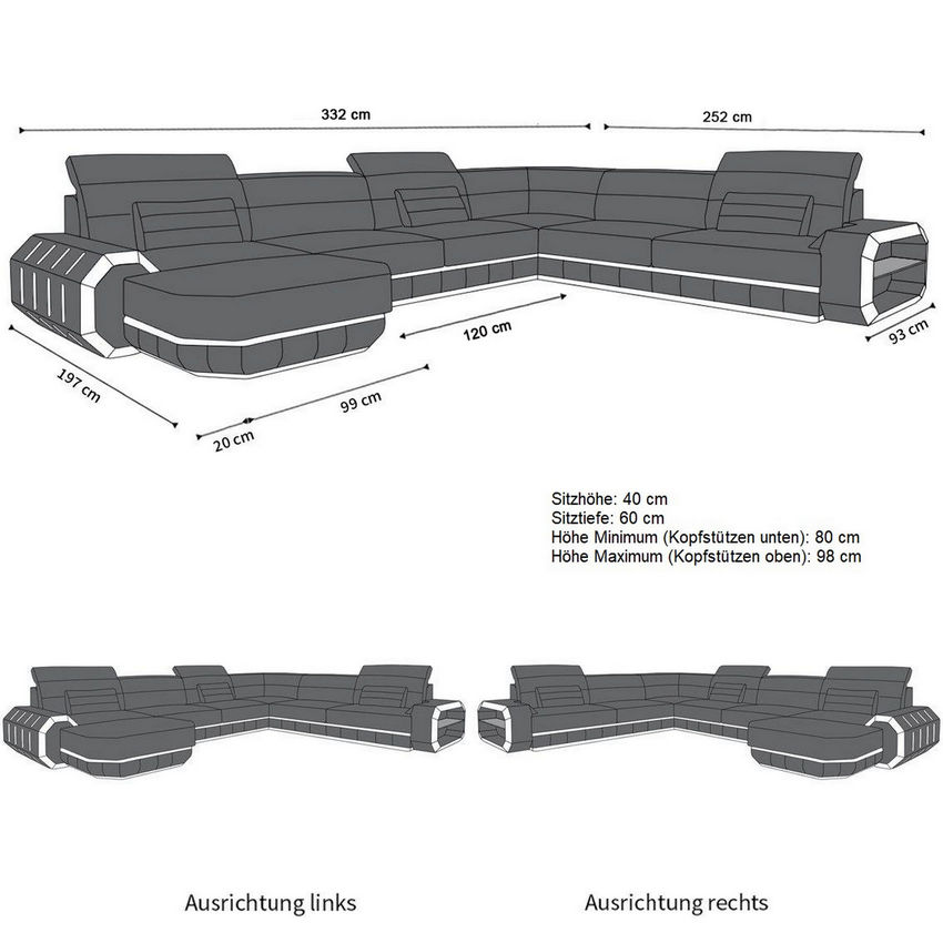 Maße für Mini U Form Sofa Roma XXL Stoffsofa