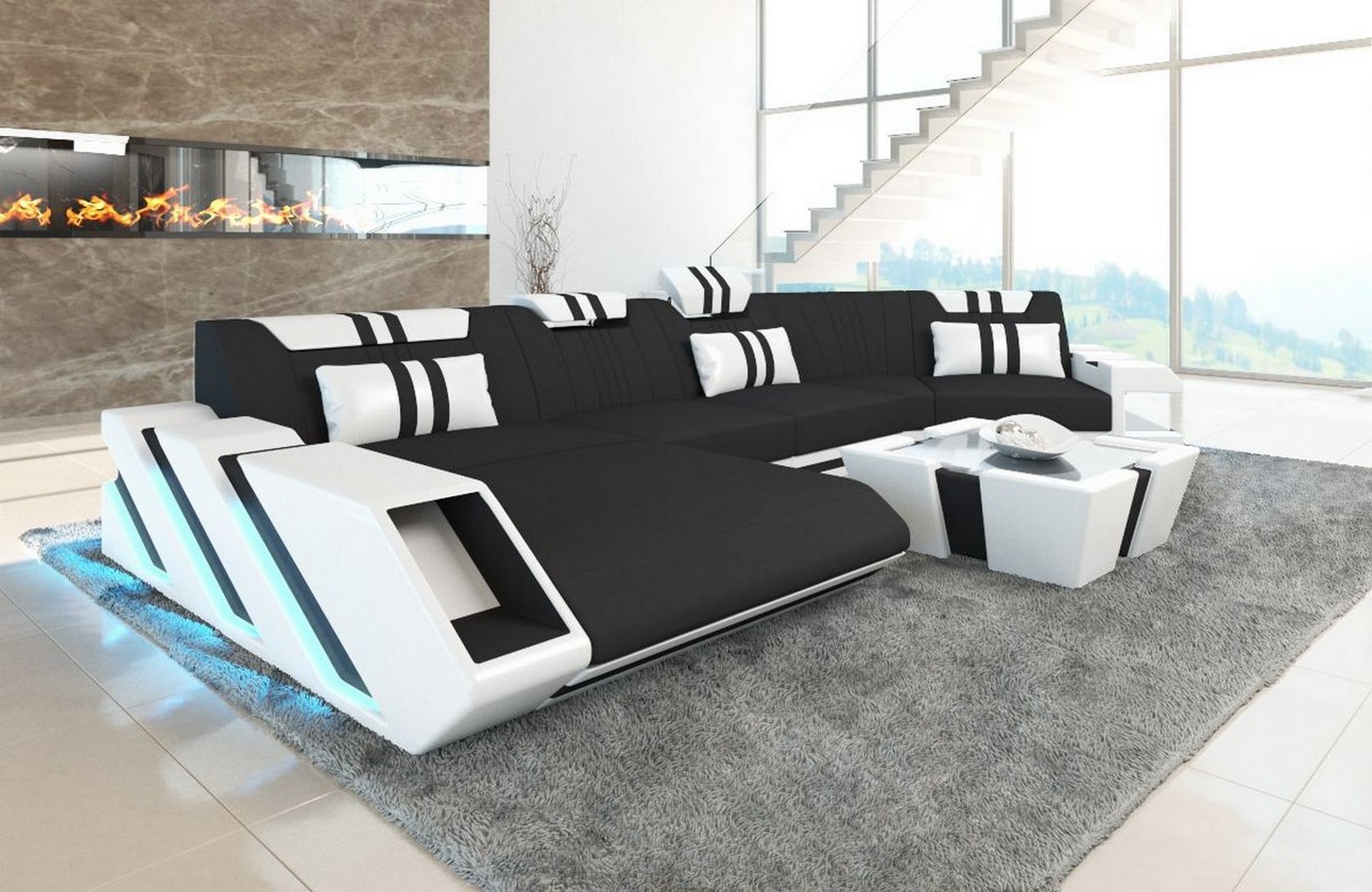 Details About Polster Wohnlandschaft Apollonia C Form Luxus Mega Sofa Schwarz Weiss Led Couch