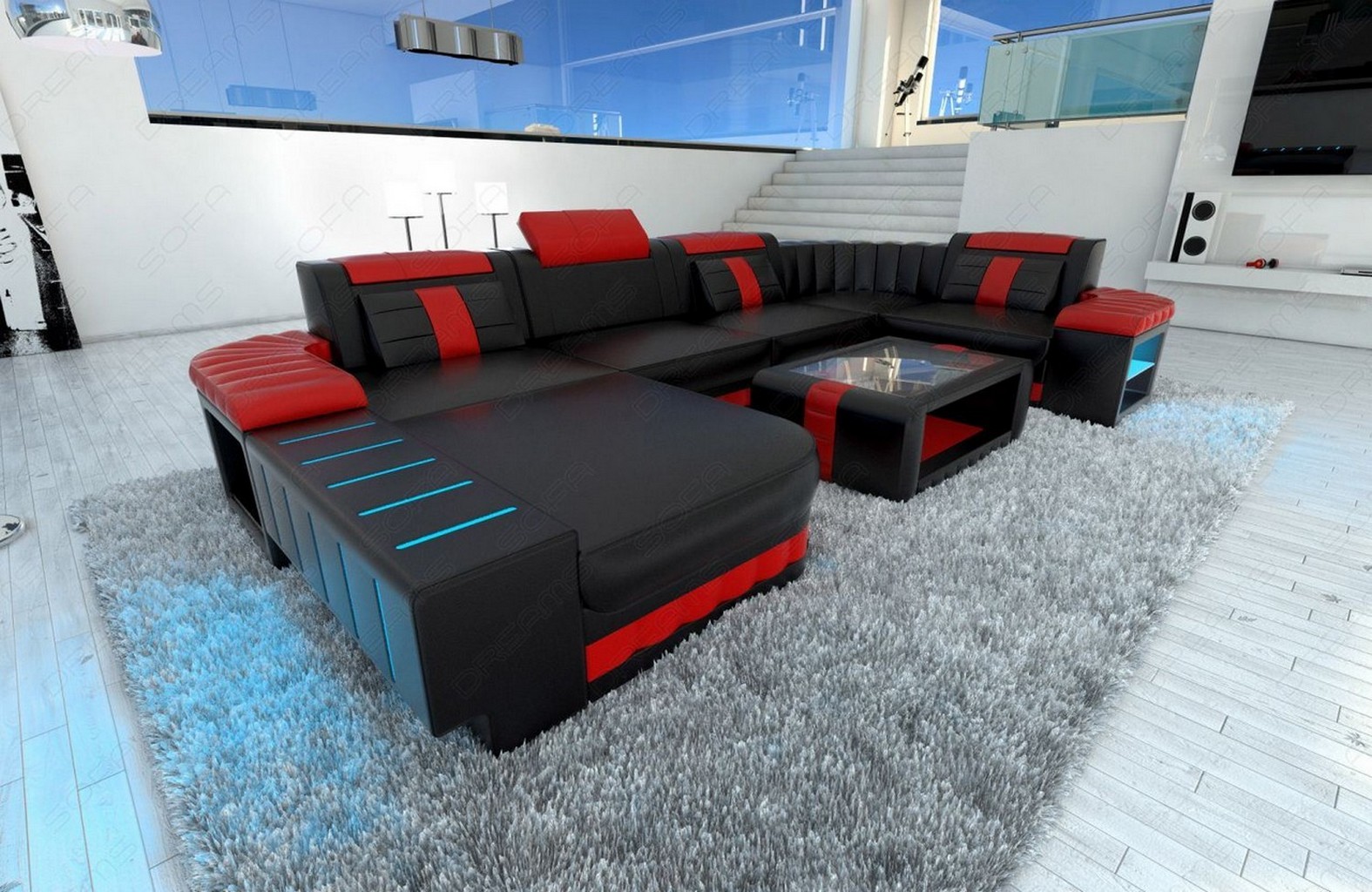 Details About Wohnlandschaft Bellagio U Form Designsofa Leder Schwarz Rot Mit Led Glasablage