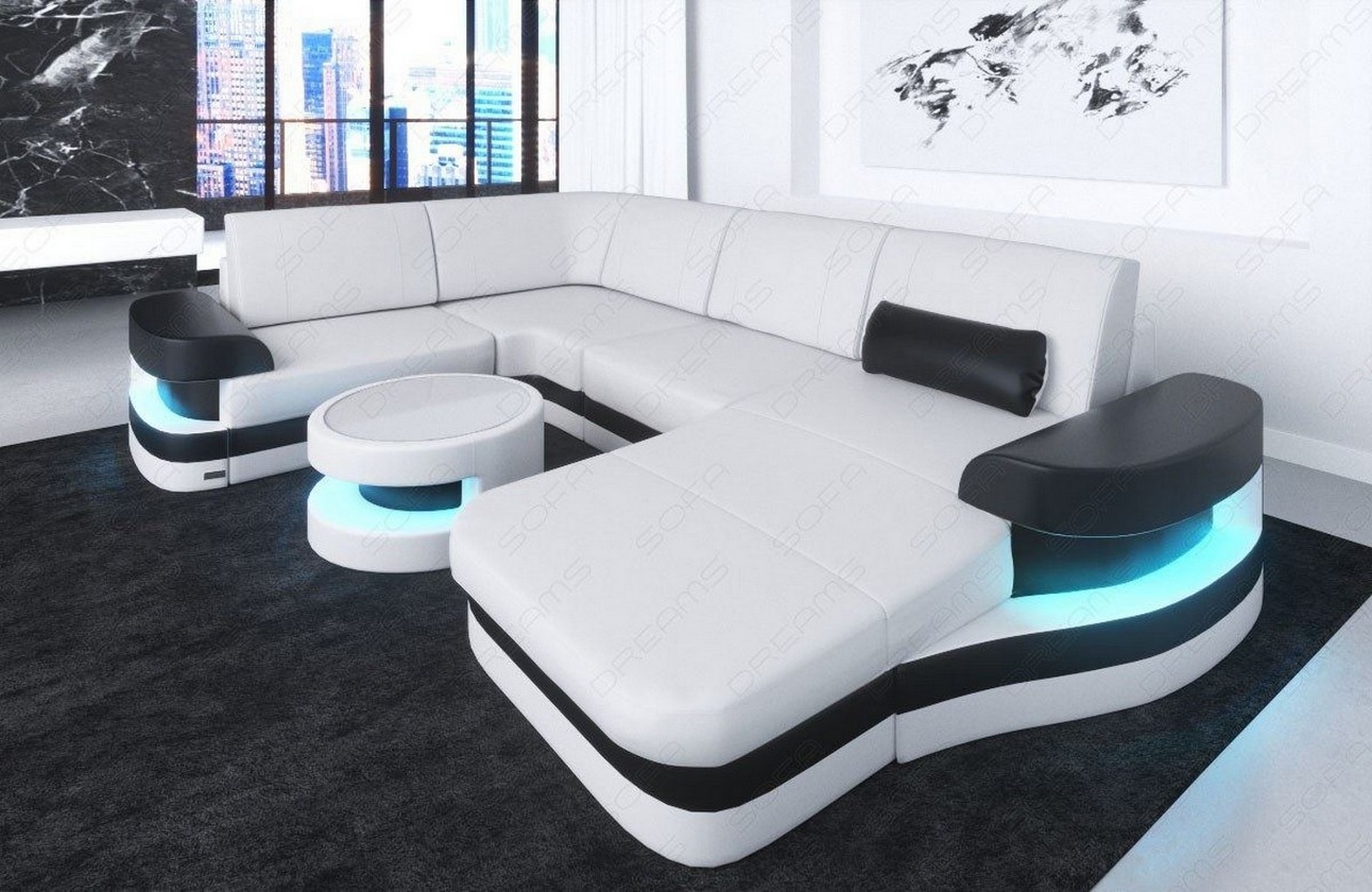 Details About Wohnlandschaft Luxus Ledersofa Modena U Form Designsofa Ottomane Led Beleuchtung