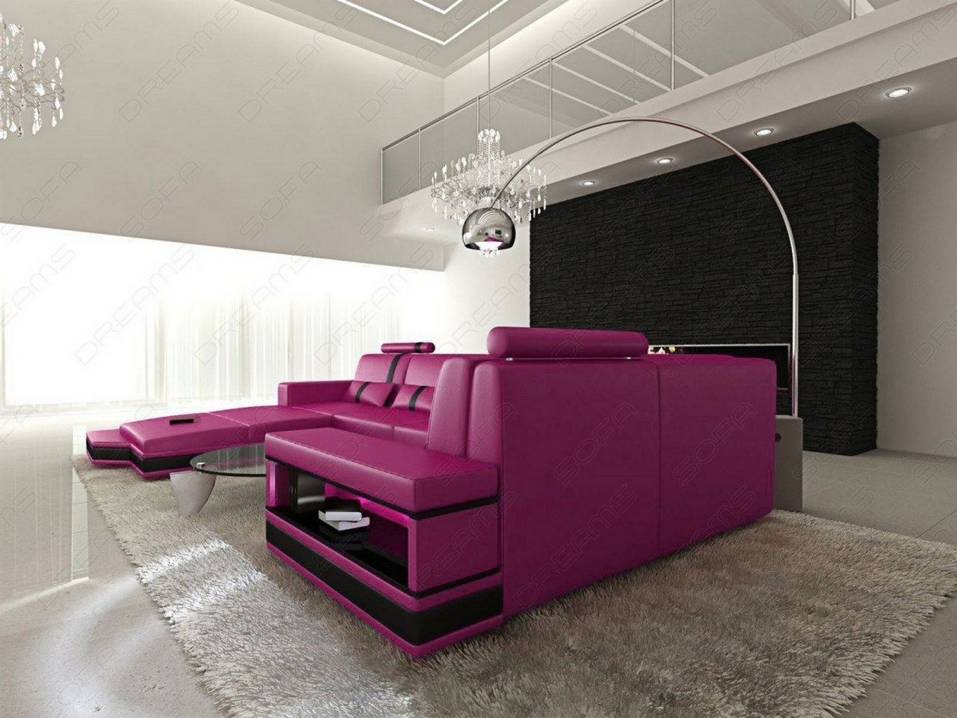 Details Zu Wohnlandschaft Designsofa Luxuscouch Messana U Form Xxl Beleuchtung Pink Schwarz