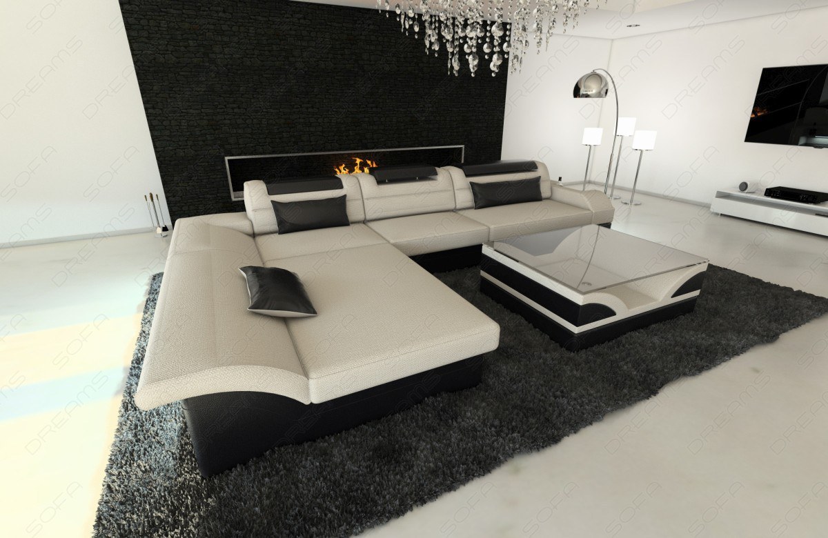Corner Sofa Couch Monza L Shape Fabric Designer LED Ottoman Modern