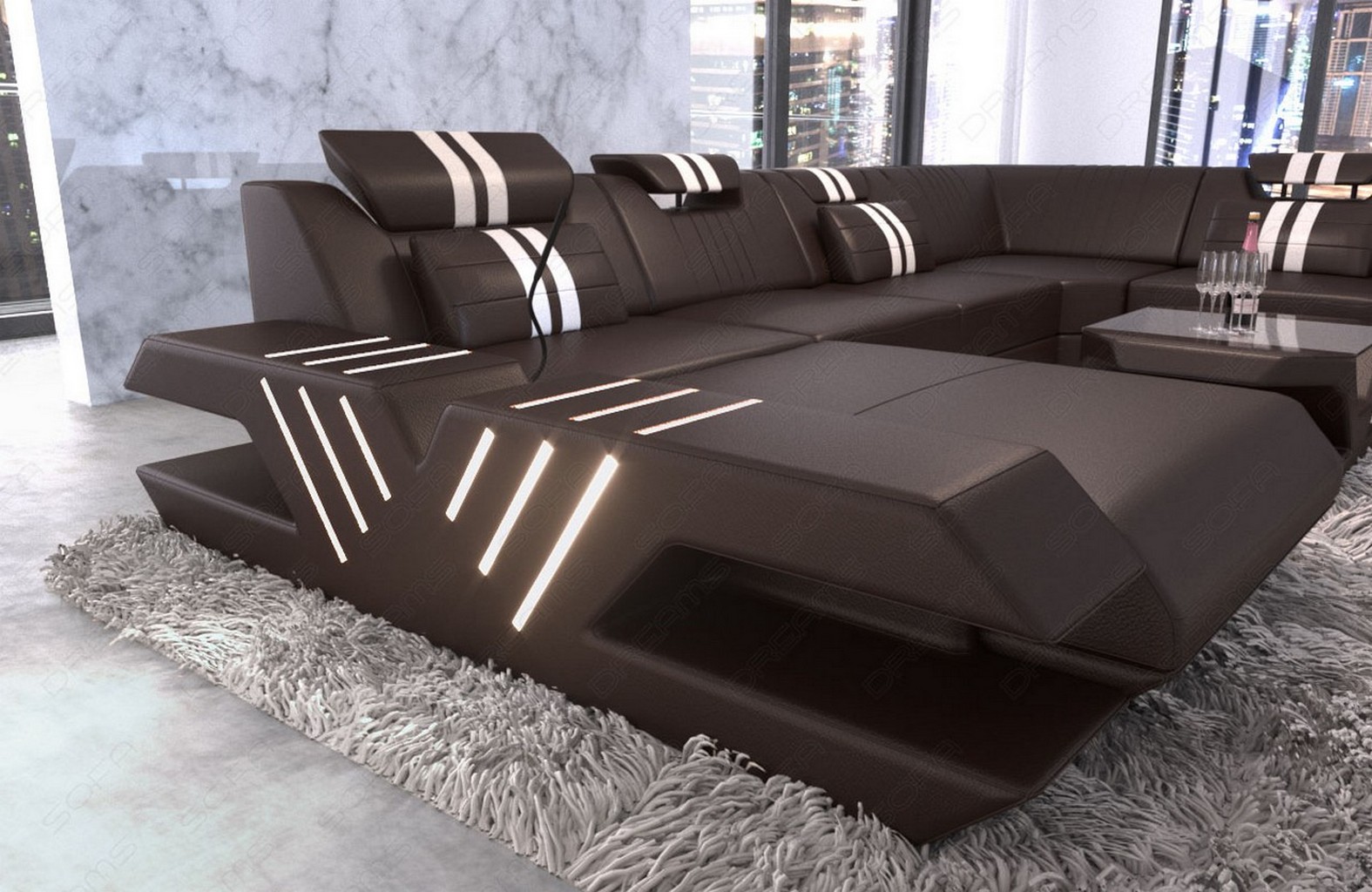 Details About Wohnlandschaft Designercouch Leder Venedig Xxl Modern Ottomane Led Usb Braun