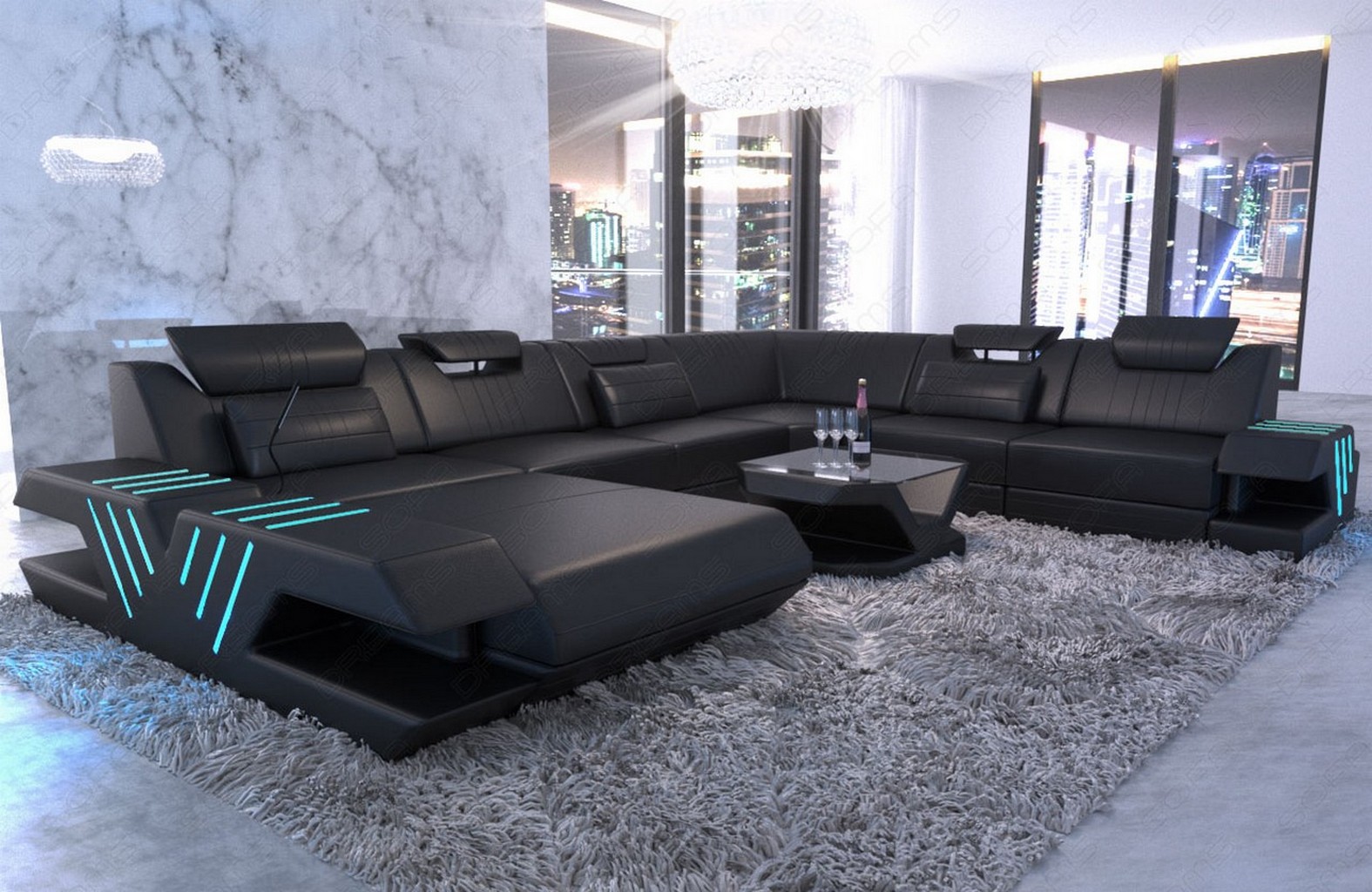 Details About Wohnlandschaft Xxl Leder Couch Designer Sofa Venedig Ottomane Led Usb Schwarz