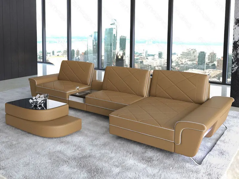 Ecksofa Bari L Form Leder in Sandbeige