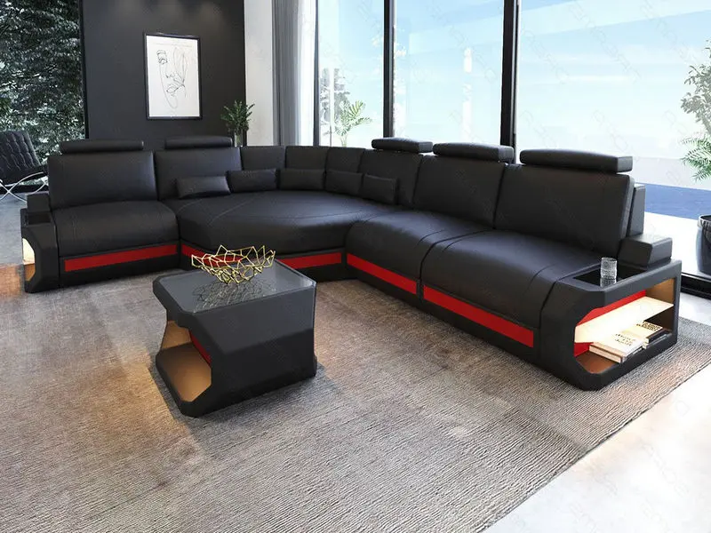 L Form Ledersofa Asti in Schwarz Rot