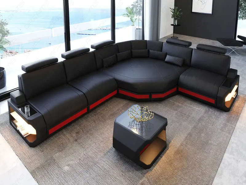 Sofa Asti in Leder als Ecksofa in Schwarz Rot