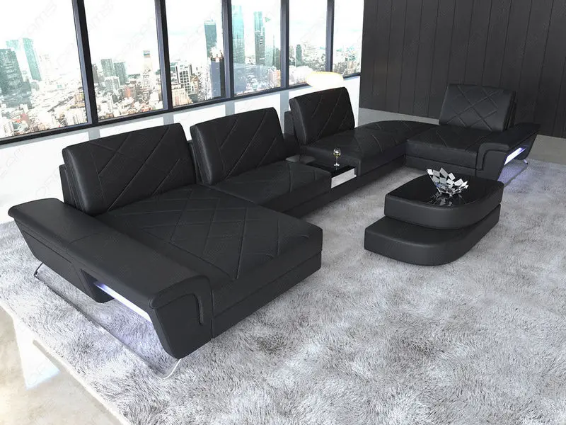 U Form Sofa Bari in Leder Schwarz