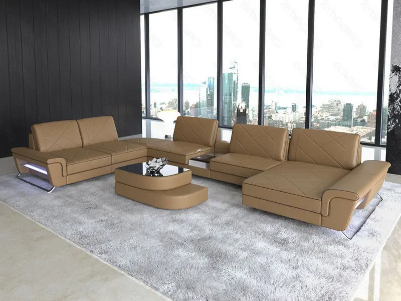 XXL Ledersofa Bari U Form in Sandbeige