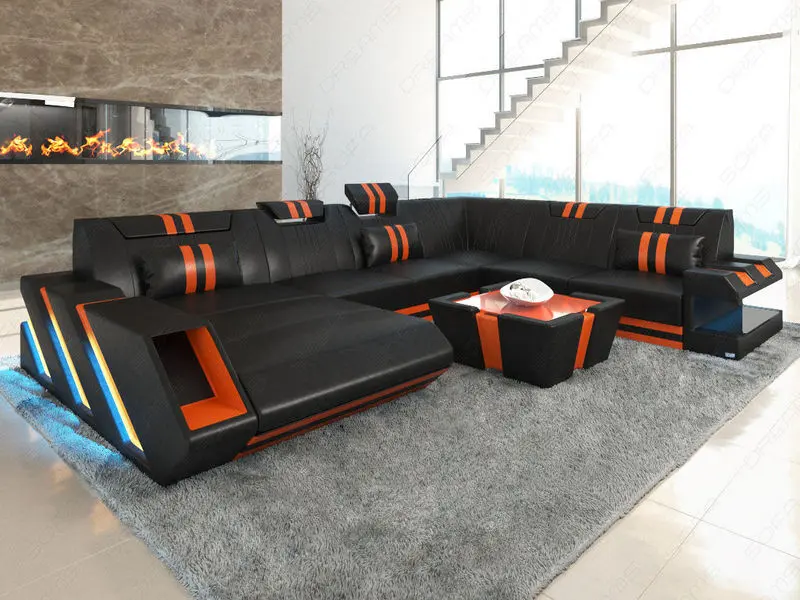 U Form XXL Couch Apollonia in Schwarz-Orange