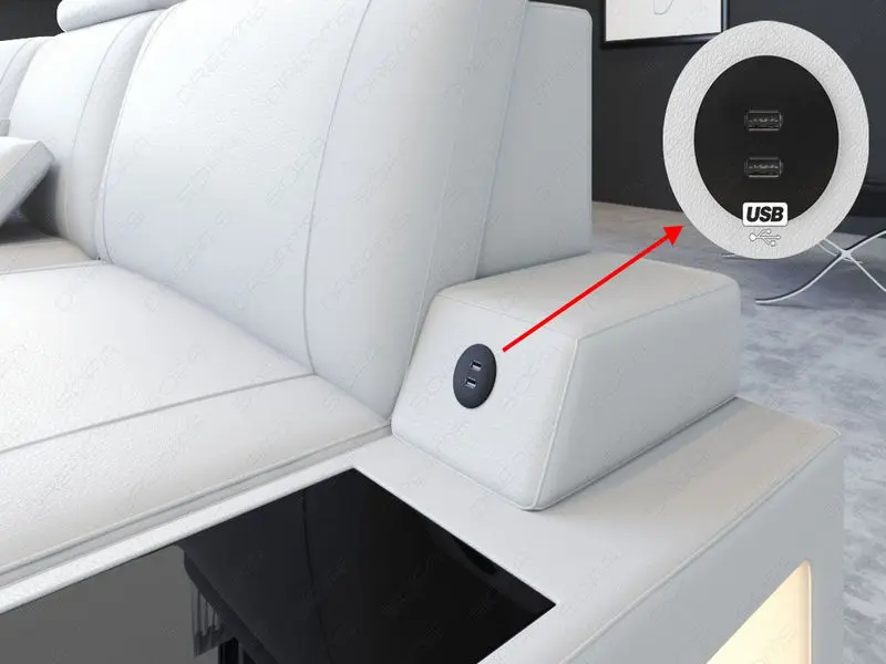 Das Asti Sofa in Leder auch mit USB Anschluß