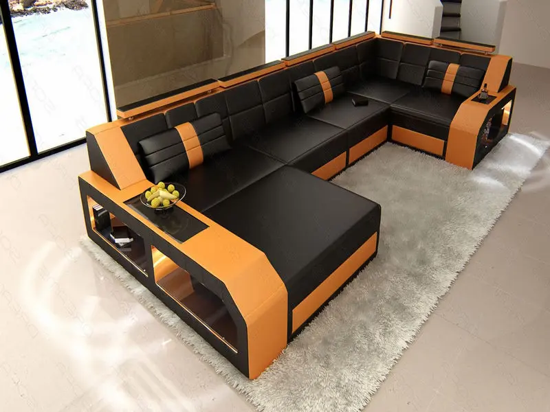 U Form Ledersofa Arezzo in Schwarz-Orange