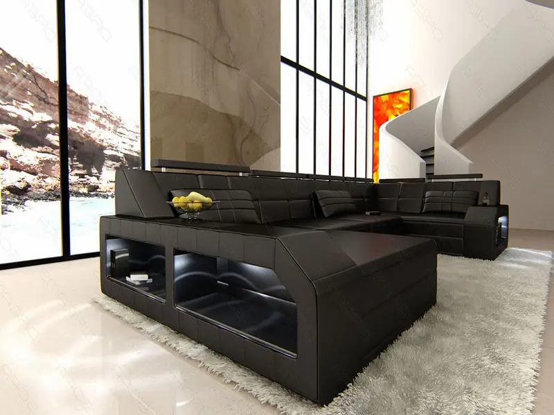 Schwarzes Ledersofa Arezzo als U Form Wohnlandschaft